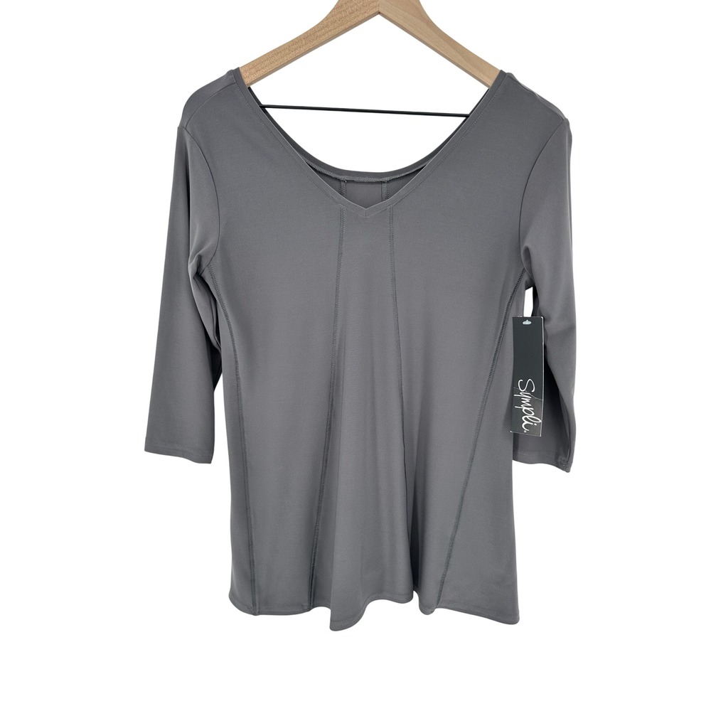 Sympli Top Womens 4 Titanium Gray Energy Top 3/4 Sleeve V-Neck Seamed Stretch